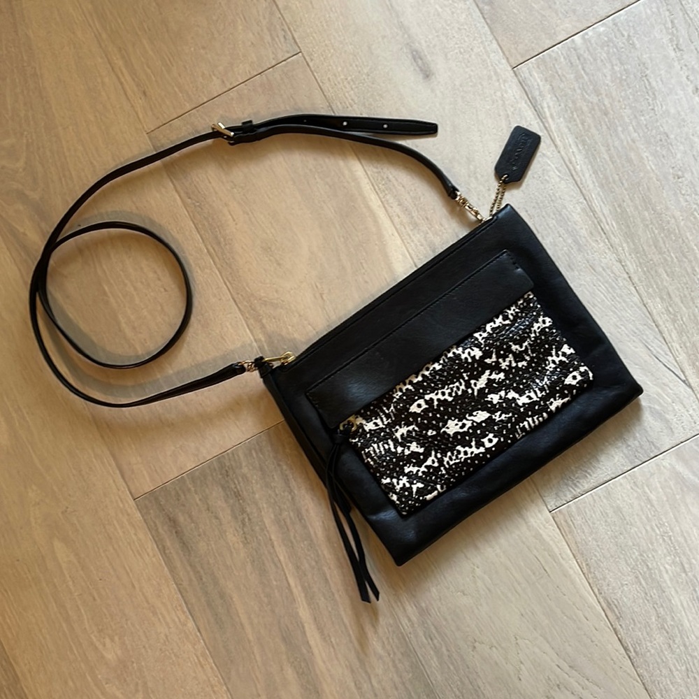 Coach Crossbody/Clutch, Black/white leather,  10” x 7.5” x 0.5”.